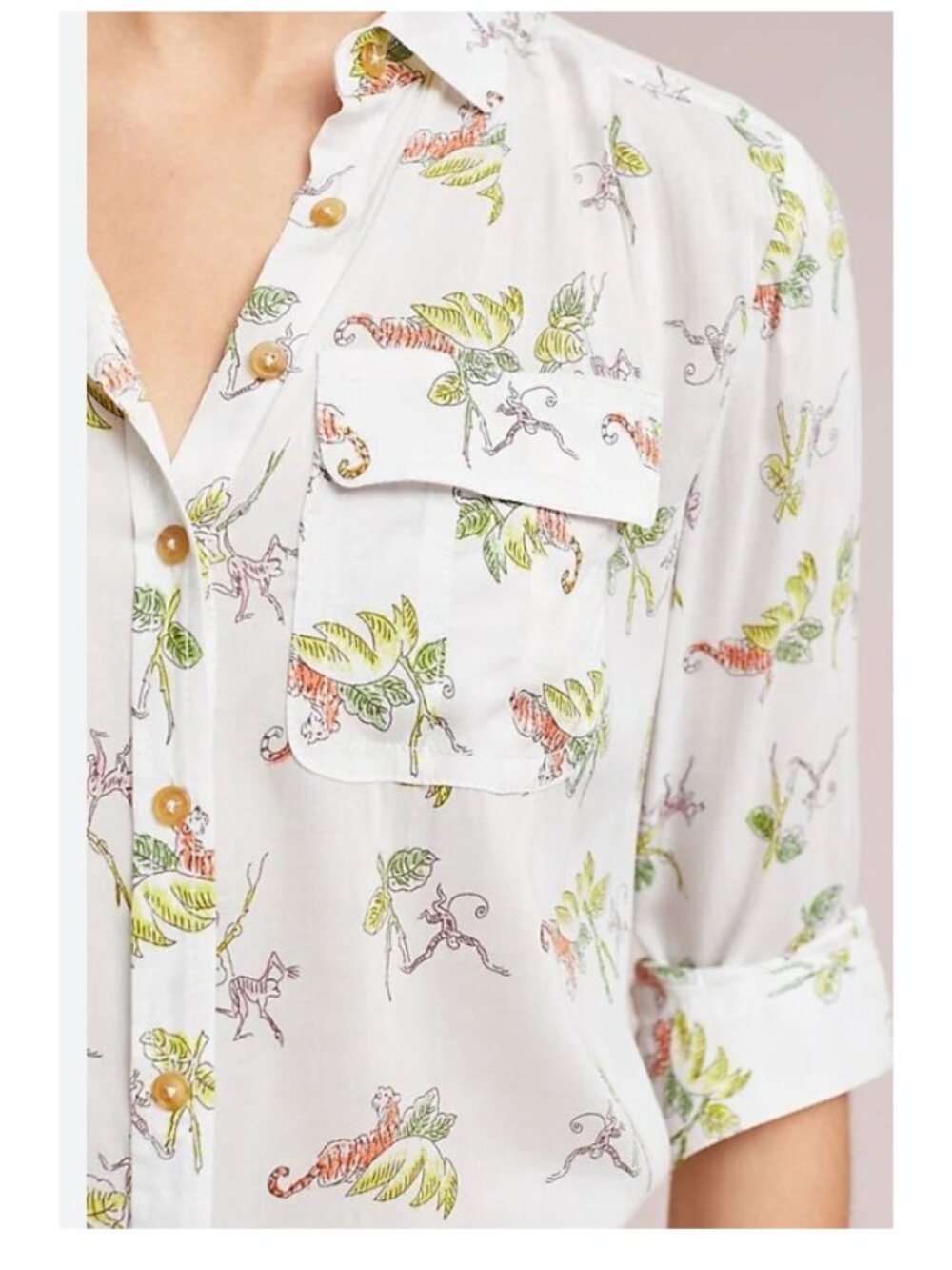 Maeve Safari Wildlife Print‎ Button Up Shirt Womens 8 Lightweight Sheer